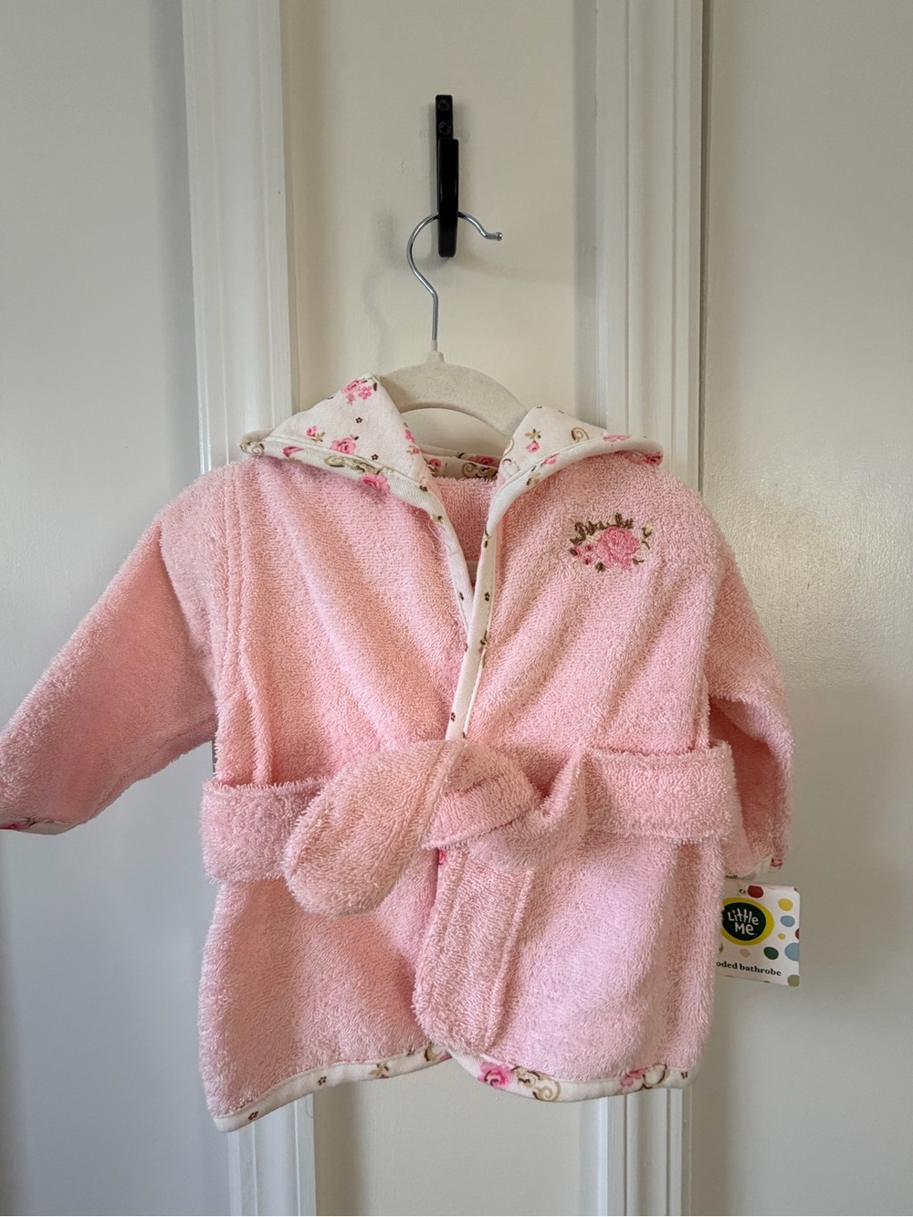 Little Me Pink Bunny Hooded Baby Bathrobe with Floral Trim 0-9 months